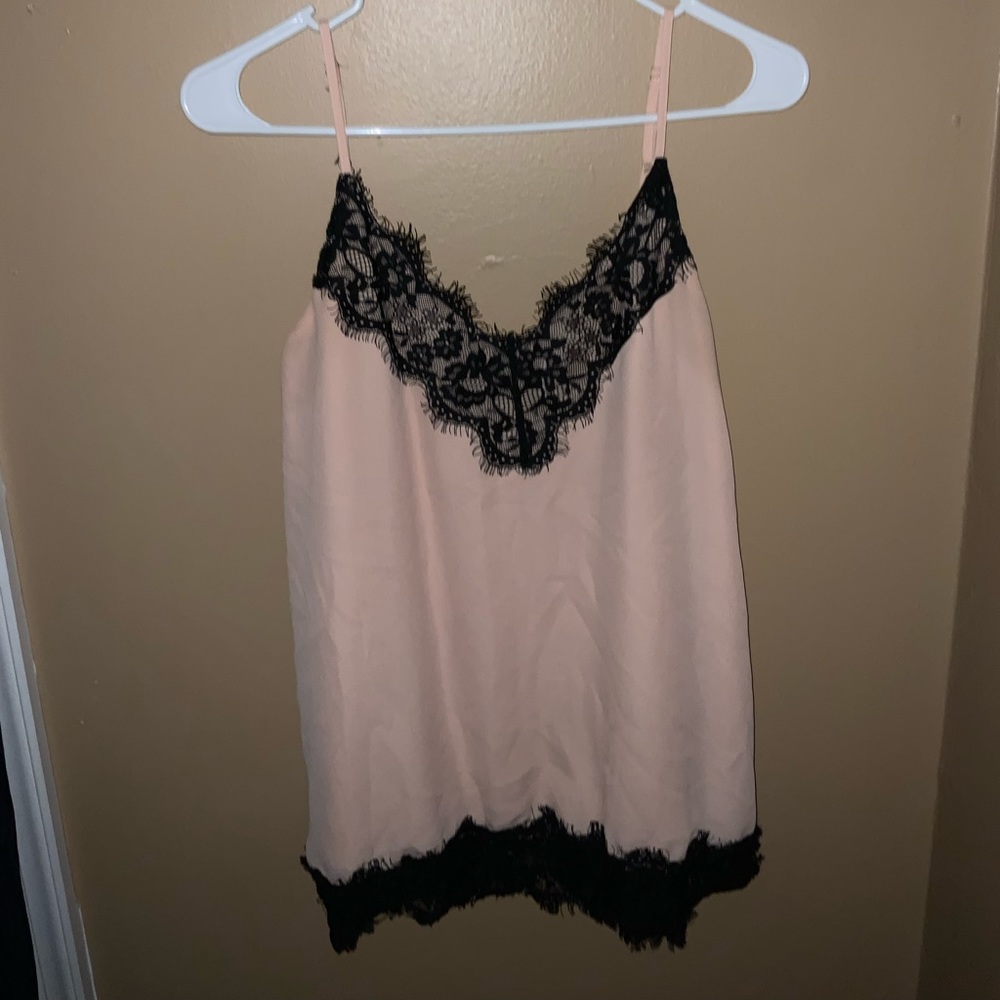 Abbeline Pink Spaghetti Strap blouse with Black Lace trim, size small